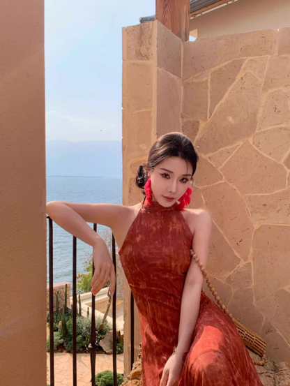 Retro Oriental Style Red Sheath Maxi Dress Artistic Hollow-Out A-Line Halter Long Dress AP1338