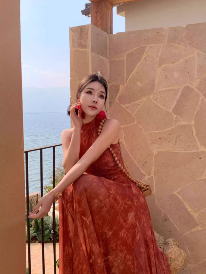 Retro Oriental Style Red Sheath Maxi Dress Artistic Hollow-Out A-Line Halter Long Dress AP1338