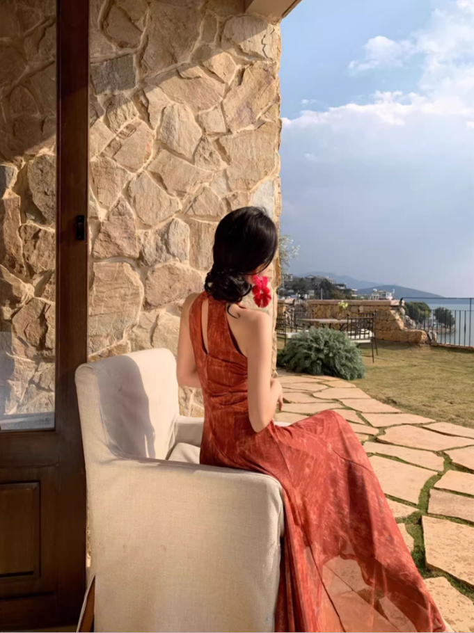 Retro Oriental Style Red Sheath Maxi Dress Artistic Hollow-Out A-Line Halter Long Dress AP1338