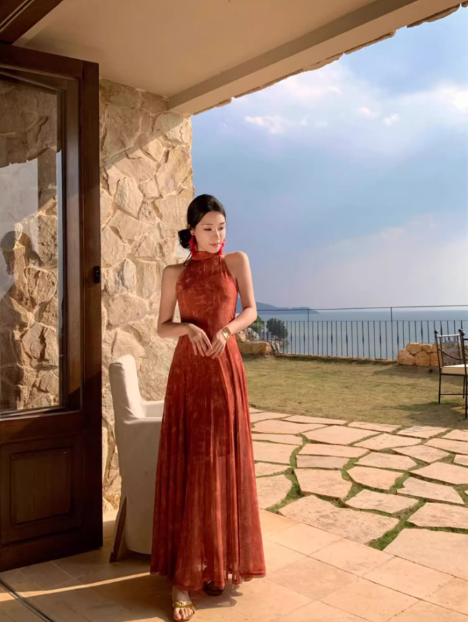 Retro Oriental Style Red Sheath Maxi Dress Artistic Hollow-Out A-Line Halter Long Dress AP1338