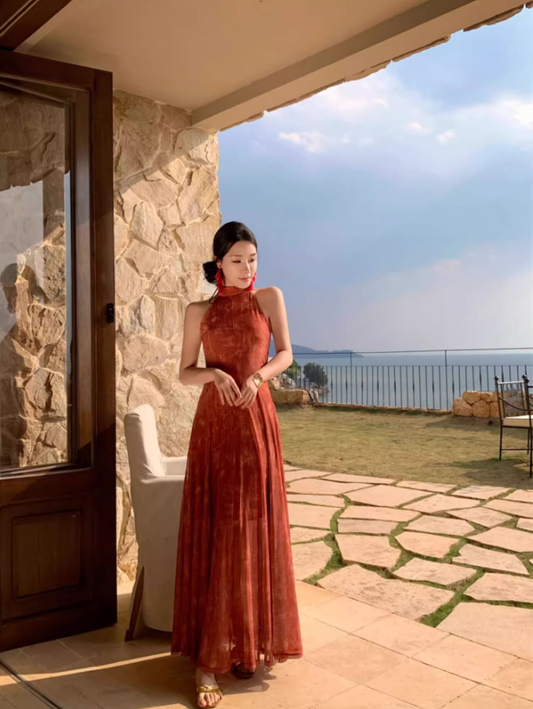 Retro Oriental Style Red Sheath Maxi Dress Artistic Hollow-Out A-Line Halter Long Dress AP1338