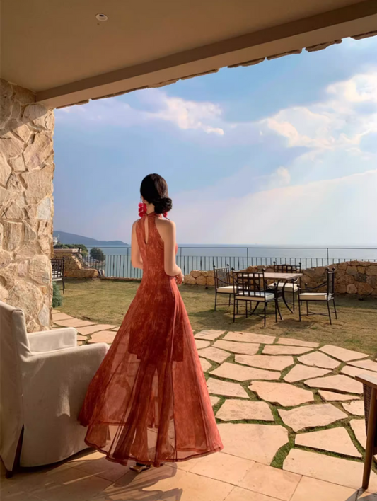 Retro Oriental Style Red Sheath Maxi Dress Artistic Hollow-Out A-Line Halter Long Dress AP1338