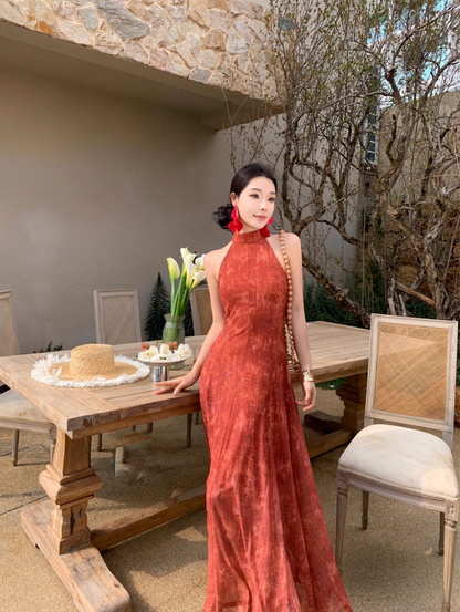 Retro Oriental Style Red Sheath Maxi Dress Artistic Hollow-Out A-Line Halter Long Dress AP1338
