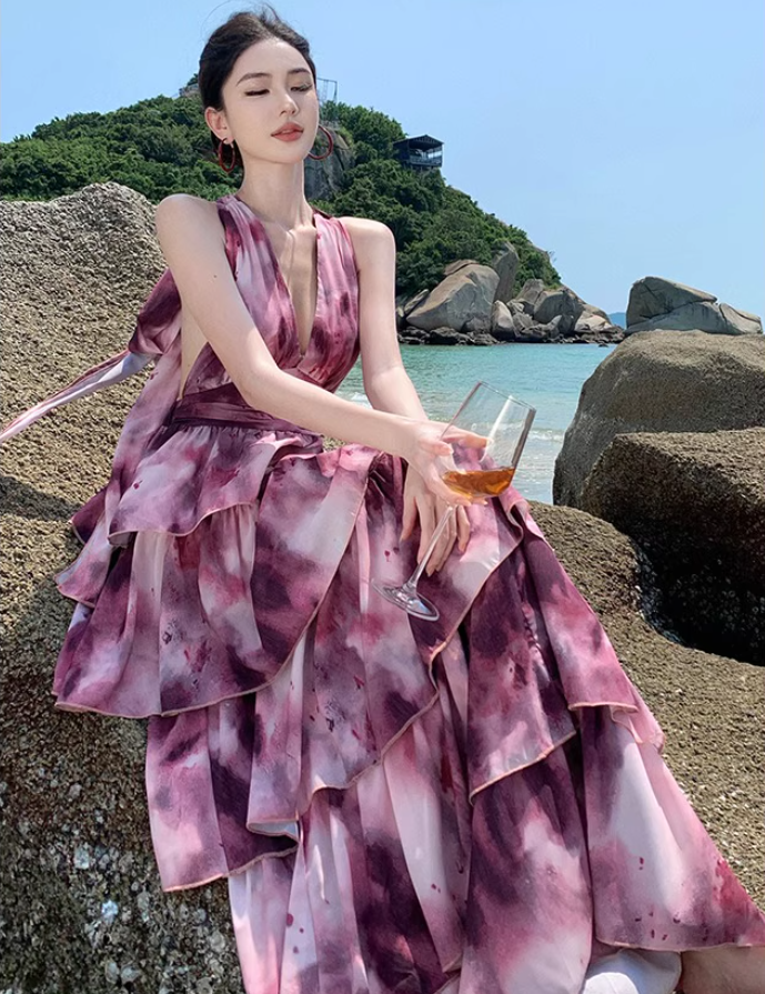 Vintage Tie-Dye Deep V-Neck Maxi Dress Artistic Tiered Ruffle Hem Coastal Shoots Halter Long Dress AP1339