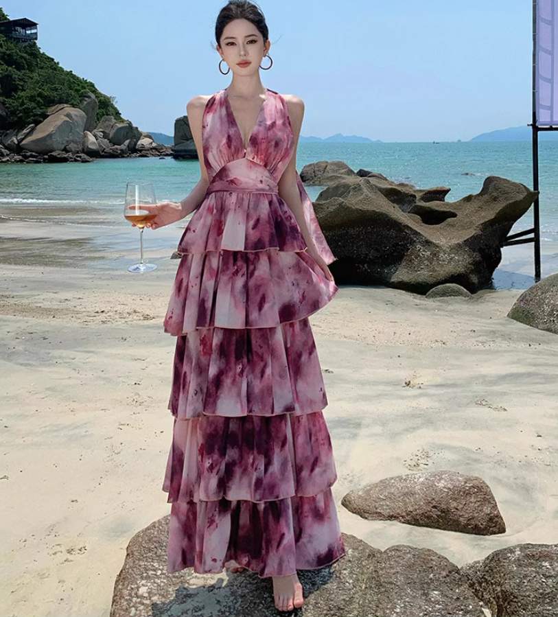 Vintage Tie-Dye Deep V-Neck Maxi Dress Artistic Tiered Ruffle Hem Coastal Shoots Halter Long Dress AP1339