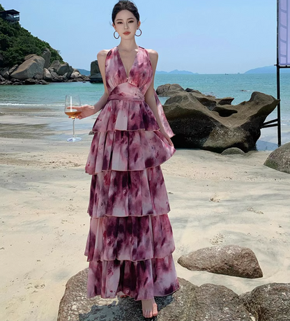Vintage Tie-Dye Deep V-Neck Maxi Dress Artistic Tiered Ruffle Hem Coastal Shoots Halter Long Dress AP1339