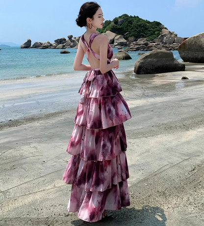 Vintage Tie-Dye Deep V-Neck Maxi Dress Artistic Tiered Ruffle Hem Coastal Shoots Halter Long Dress AP1339