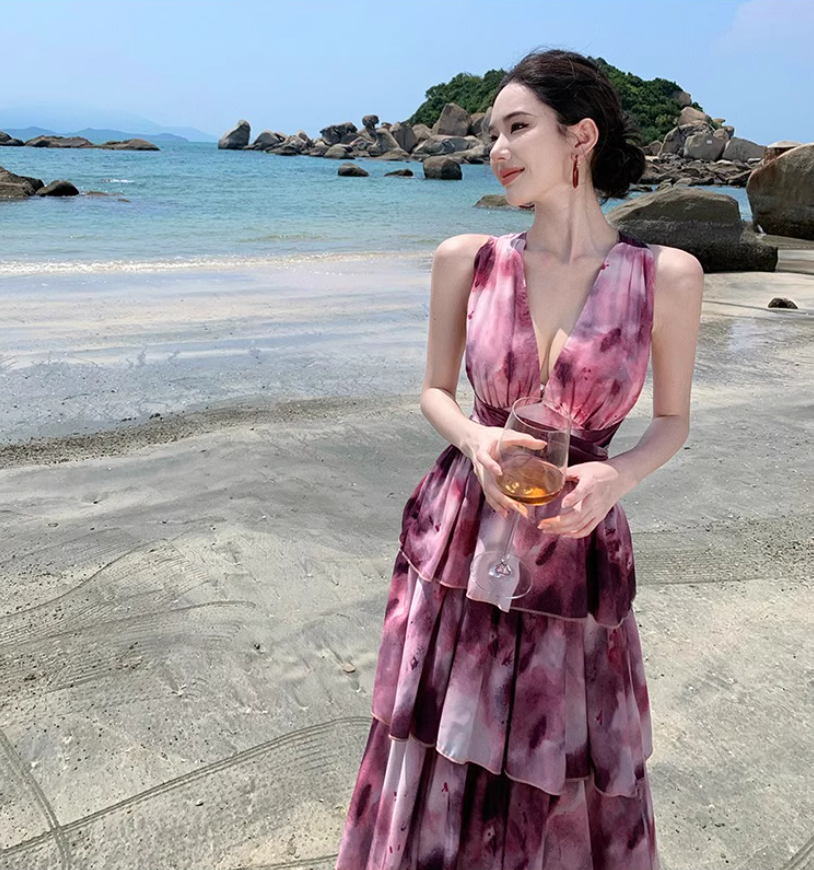 Vintage Tie-Dye Deep V-Neck Maxi Dress Artistic Tiered Ruffle Hem Coastal Shoots Halter Long Dress AP1339