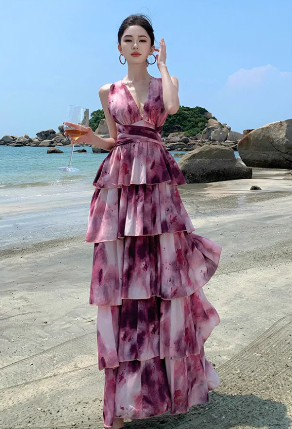 Vintage Tie-Dye Deep V-Neck Maxi Dress Artistic Tiered Ruffle Hem Coastal Shoots Halter Long Dress AP1339