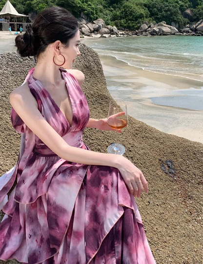 Vintage Tie-Dye Deep V-Neck Maxi Dress Artistic Tiered Ruffle Hem Coastal Shoots Halter Long Dress AP1339