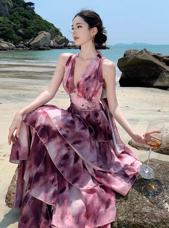 Vintage Tie-Dye Deep V-Neck Maxi Dress Artistic Tiered Ruffle Hem Coastal Shoots Halter Long Dress AP1339