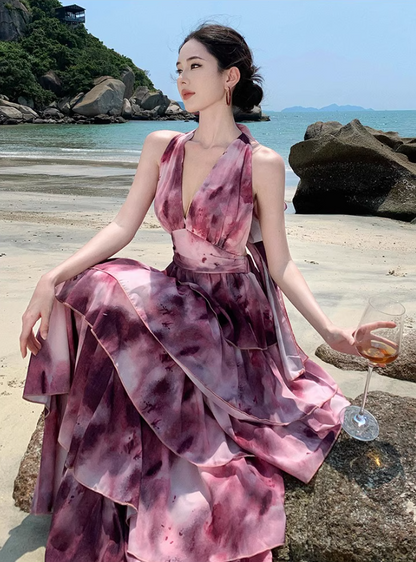 Vintage Tie-Dye Deep V-Neck Maxi Dress Artistic Tiered Ruffle Hem Coastal Shoots Halter Long Dress AP1339
