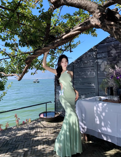 Romantic Green Butterflies Design Sheath Maxi Dress Elegant Coastal Shoots Mermaid Open-Waist Halter Long Dress AP1340