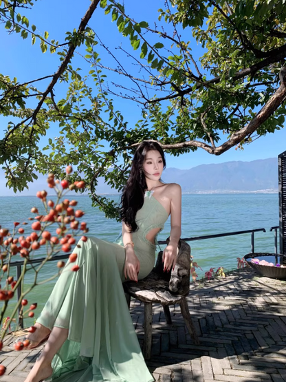 Romantic Green Butterflies Design Sheath Maxi Dress Elegant Coastal Shoots Mermaid Open-Waist Halter Long Dress AP1340