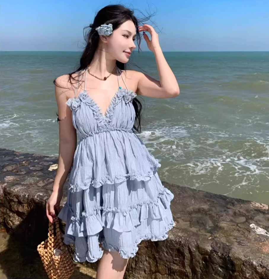 Summer Coastal Getaways Flowy Tiered Mini Skirt Cute Blue Ruffles A-Line Halter Short Dress AP1341