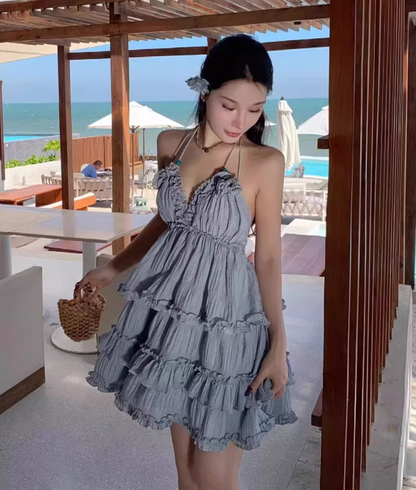 Summer Coastal Getaways Flowy Tiered Mini Skirt Cute Blue Ruffles A-Line Halter Short Dress AP1341