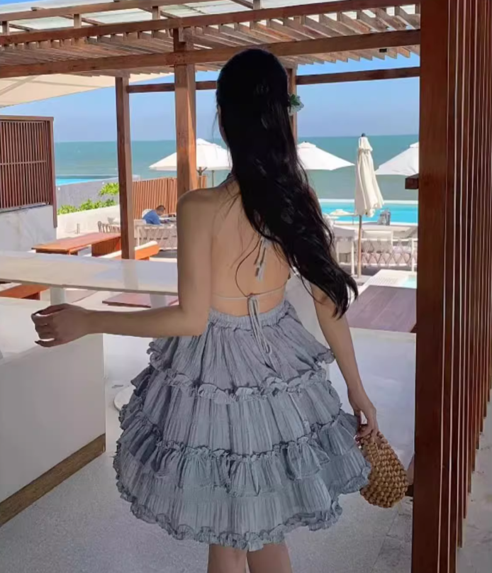 Summer Coastal Getaways Flowy Tiered Mini Skirt Cute Blue Ruffles A-Line Halter Short Dress AP1341