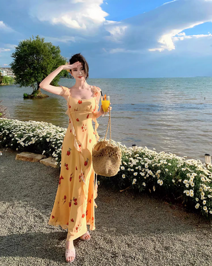 Graceful Flutter Spaghetti Strap Flowers Print Maxi Dress Vogue Square Neck Long Dress AP1342