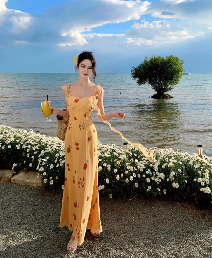 Graceful Flutter Spaghetti Strap Flowers Print Maxi Dress Vogue Square Neck Long Dress AP1342