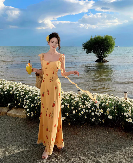 Graceful Flutter Spaghetti Strap Flowers Print Maxi Dress Vogue Square Neck Long Dress AP1342