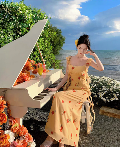 Graceful Flutter Spaghetti Strap Flowers Print Maxi Dress Vogue Square Neck Long Dress AP1342