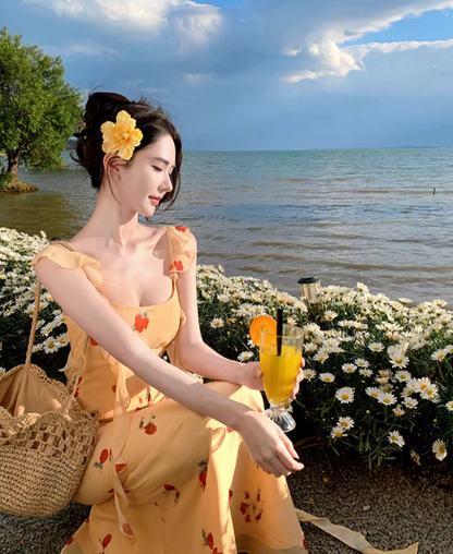 Graceful Flutter Spaghetti Strap Flowers Print Maxi Dress Vogue Square Neck Long Dress AP1342