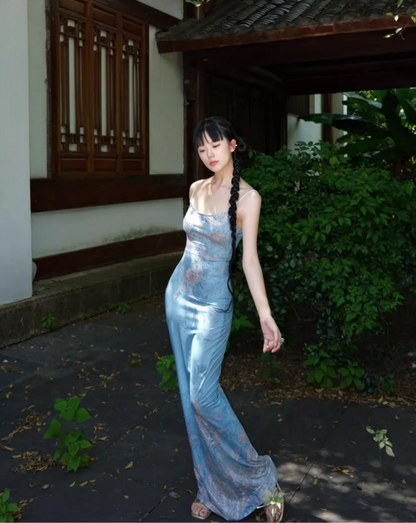 Retro Blue Floral Print Spaghetti Strap Maxi Dress Chic Square Neck Coastal Shoots Sheath Long Dress AP1343