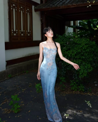 Retro Blue Floral Print Spaghetti Strap Maxi Dress Chic Square Neck Coastal Shoots Sheath Long Dress AP1343