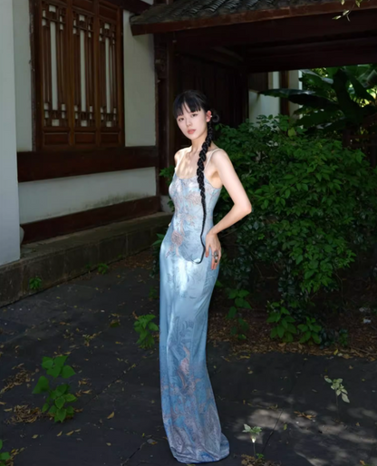 Retro Blue Floral Print Spaghetti Strap Maxi Dress Chic Square Neck Coastal Shoots Sheath Long Dress AP1343