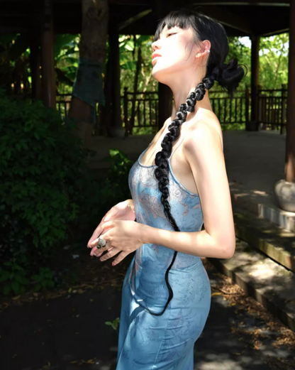 Retro Blue Floral Print Spaghetti Strap Maxi Dress Chic Square Neck Coastal Shoots Sheath Long Dress AP1343