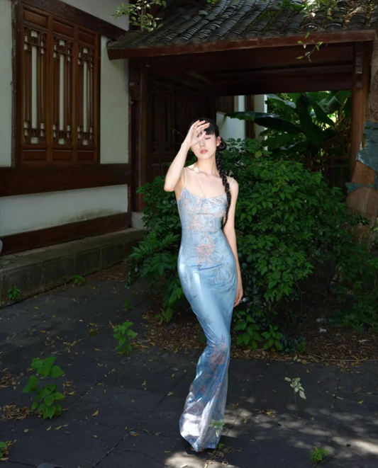 Retro Blue Floral Print Spaghetti Strap Maxi Dress Chic Square Neck Coastal Shoots Sheath Long Dress AP1343