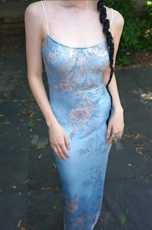 Retro Blue Floral Print Spaghetti Strap Maxi Dress Chic Square Neck Coastal Shoots Sheath Long Dress AP1343