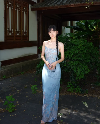 Retro Blue Floral Print Spaghetti Strap Maxi Dress Chic Square Neck Coastal Shoots Sheath Long Dress AP1343