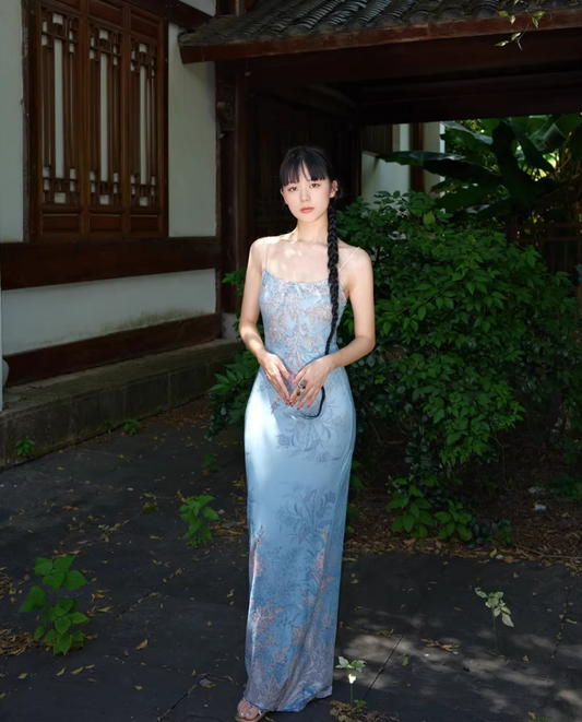 Retro Blue Floral Print Spaghetti Strap Maxi Dress Chic Square Neck Coastal Shoots Sheath Long Dress AP1343