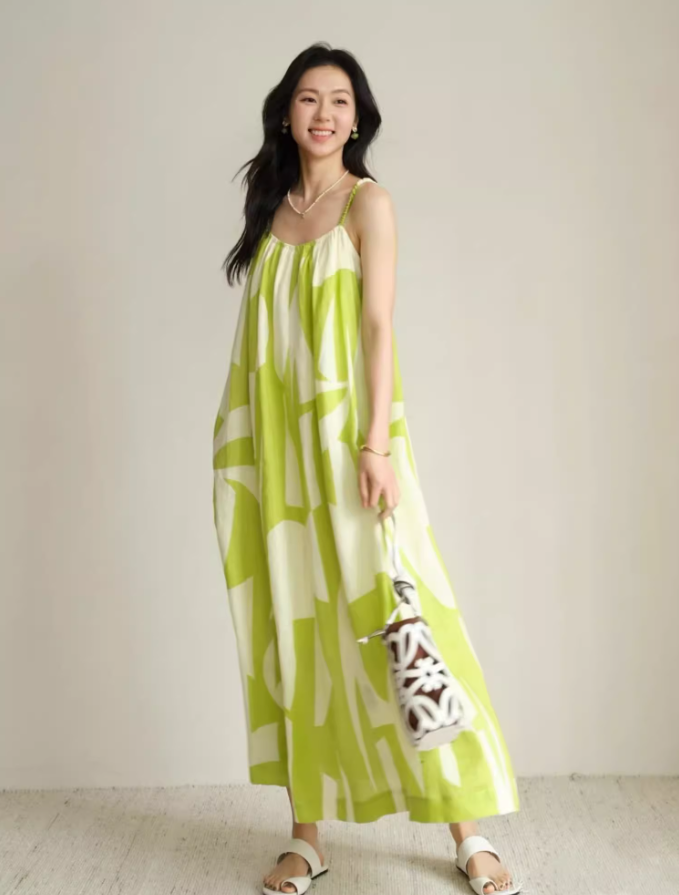 Fashionable Floral Print Green Oversize Maxi Dress Niche Simple Spaghetti Strap Everyday Wear Long Dress AP1344
