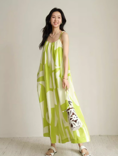 Fashionable Floral Print Green Oversize Maxi Dress Niche Simple Spaghetti Strap Everyday Wear Long Dress AP1344