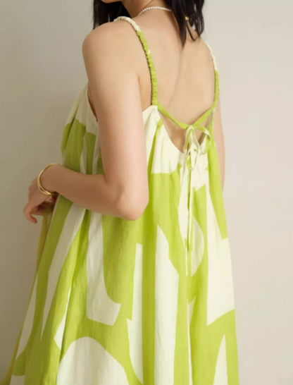 Fashionable Floral Print Green Oversize Maxi Dress Niche Simple Spaghetti Strap Everyday Wear Long Dress AP1344