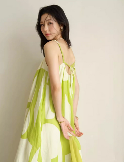 Fashionable Floral Print Green Oversize Maxi Dress Niche Simple Spaghetti Strap Everyday Wear Long Dress AP1344
