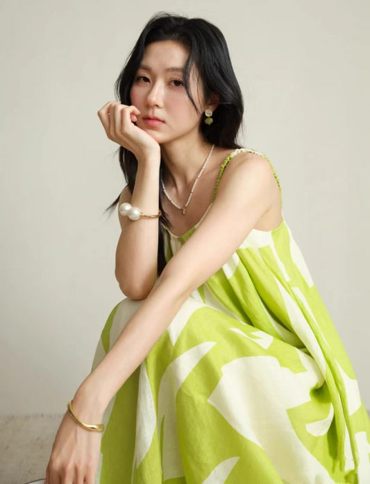 Fashionable Floral Print Green Oversize Maxi Dress Niche Simple Spaghetti Strap Everyday Wear Long Dress AP1344