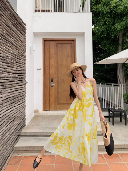 Vibrant Oversize Yellow Tie-Dye Maxi Dress Chic Spaghetti Strap Coastal Shoots Long Dress AP1345