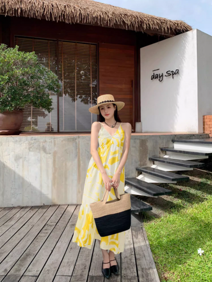 Vibrant Oversize Yellow Tie-Dye Maxi Dress Chic Spaghetti Strap Coastal Shoots Long Dress AP1345