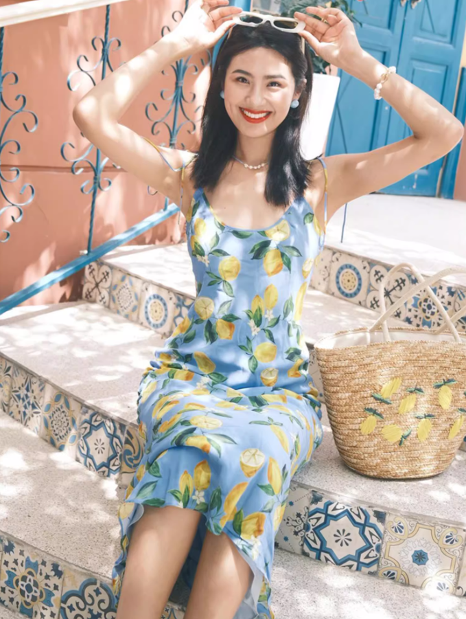 Tropical Style Fruit Print Blue Maxi Dress Vogue Adjustable Spaghetti Strap Coastal Shoots Everyday Wear Long Dress AP1346