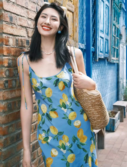 Tropical Style Fruit Print Blue Maxi Dress Vogue Adjustable Spaghetti Strap Coastal Shoots Everyday Wear Long Dress AP1346
