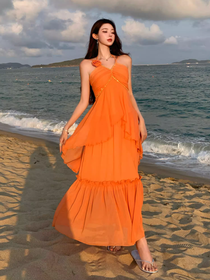 Ethereal Orange Flower Ornament Maxi Dress Chic Adjustable Strap Coastal Shoots Ruffles Hem Long Dress AP1347