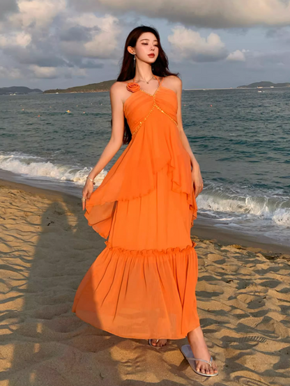 Ethereal Orange Flower Ornament Maxi Dress Chic Adjustable Strap Coastal Shoots Ruffles Hem Long Dress AP1347