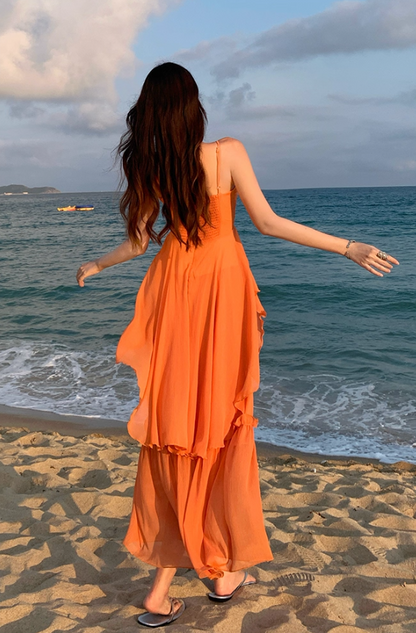 Ethereal Orange Flower Ornament Maxi Dress Chic Adjustable Strap Coastal Shoots Ruffles Hem Long Dress AP1347