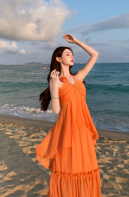 Ethereal Orange Flower Ornament Maxi Dress Chic Adjustable Strap Coastal Shoots Ruffles Hem Long Dress AP1347