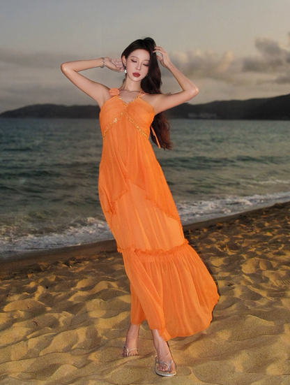 Ethereal Orange Flower Ornament Maxi Dress Chic Adjustable Strap Coastal Shoots Ruffles Hem Long Dress AP1347