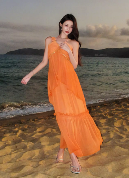 Ethereal Orange Flower Ornament Maxi Dress Chic Adjustable Strap Coastal Shoots Ruffles Hem Long Dress AP1347