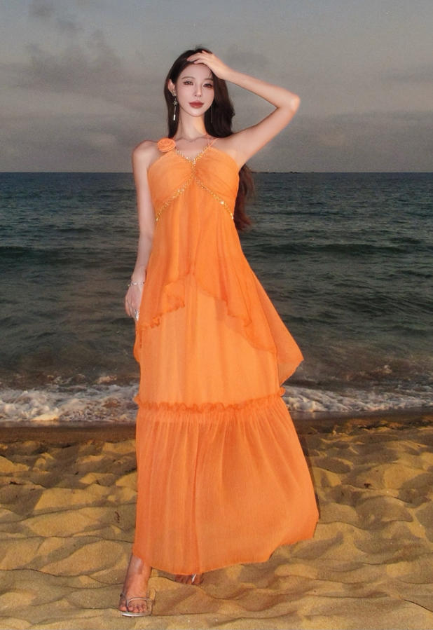 Ethereal Orange Flower Ornament Maxi Dress Chic Adjustable Strap Coastal Shoots Ruffles Hem Long Dress AP1347